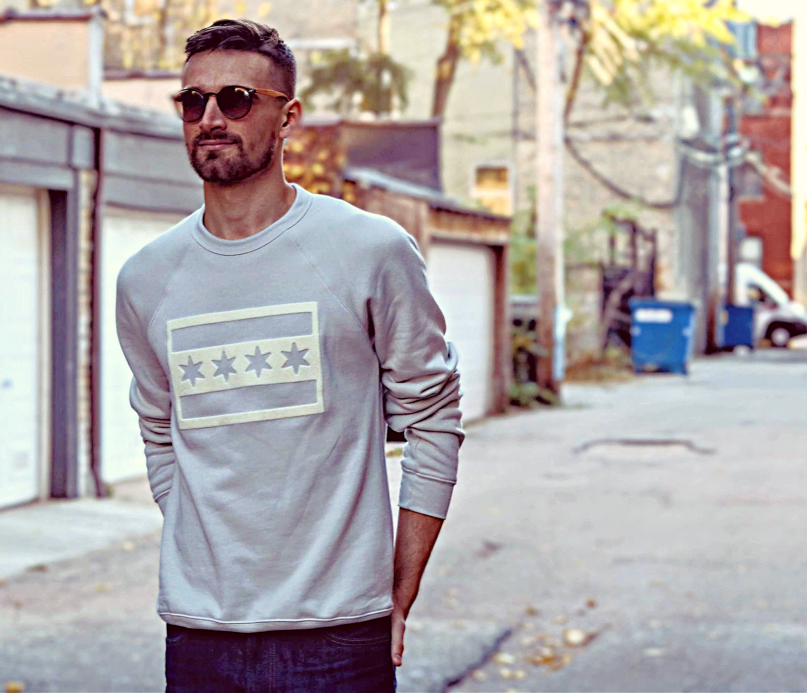 Chicago Flag Felt Applique Tan Crewneck - Chitown Clothing